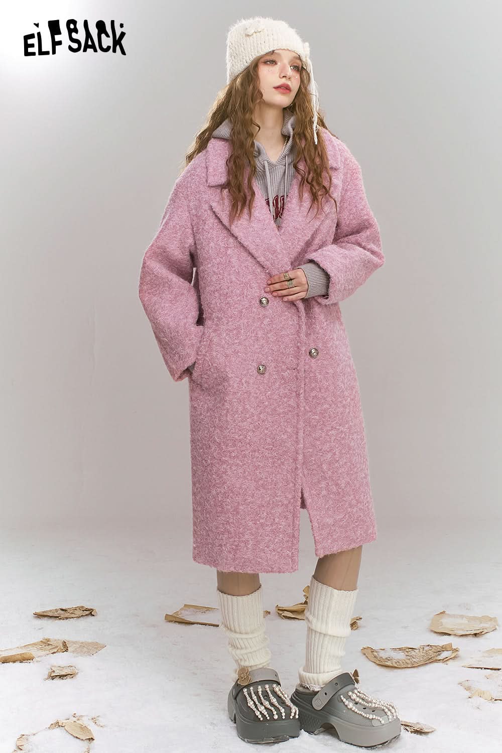ELFSACK Retro elegant mid length lapel thick coat