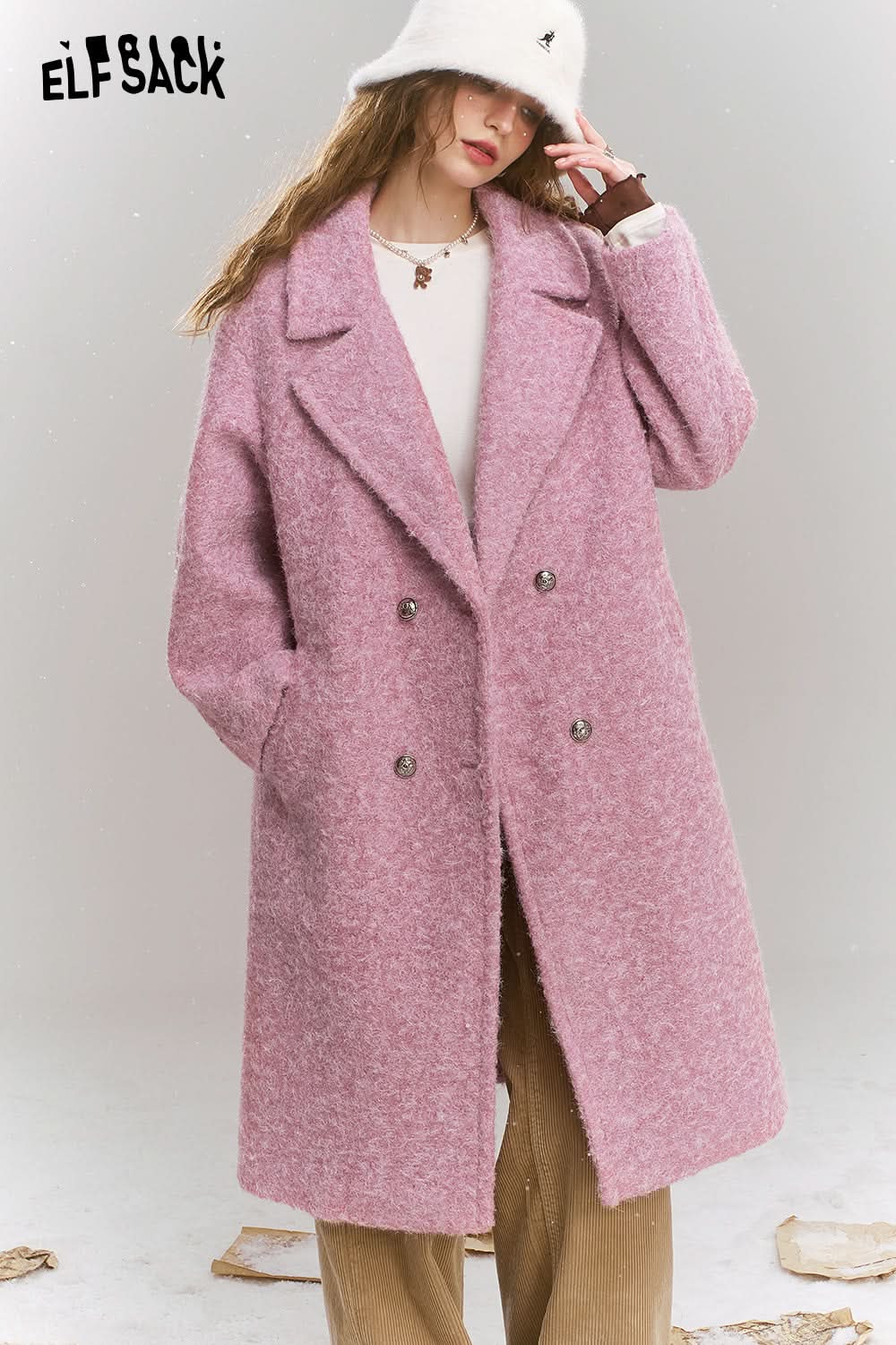 ELFSACK Retro elegant mid length lapel thick coat