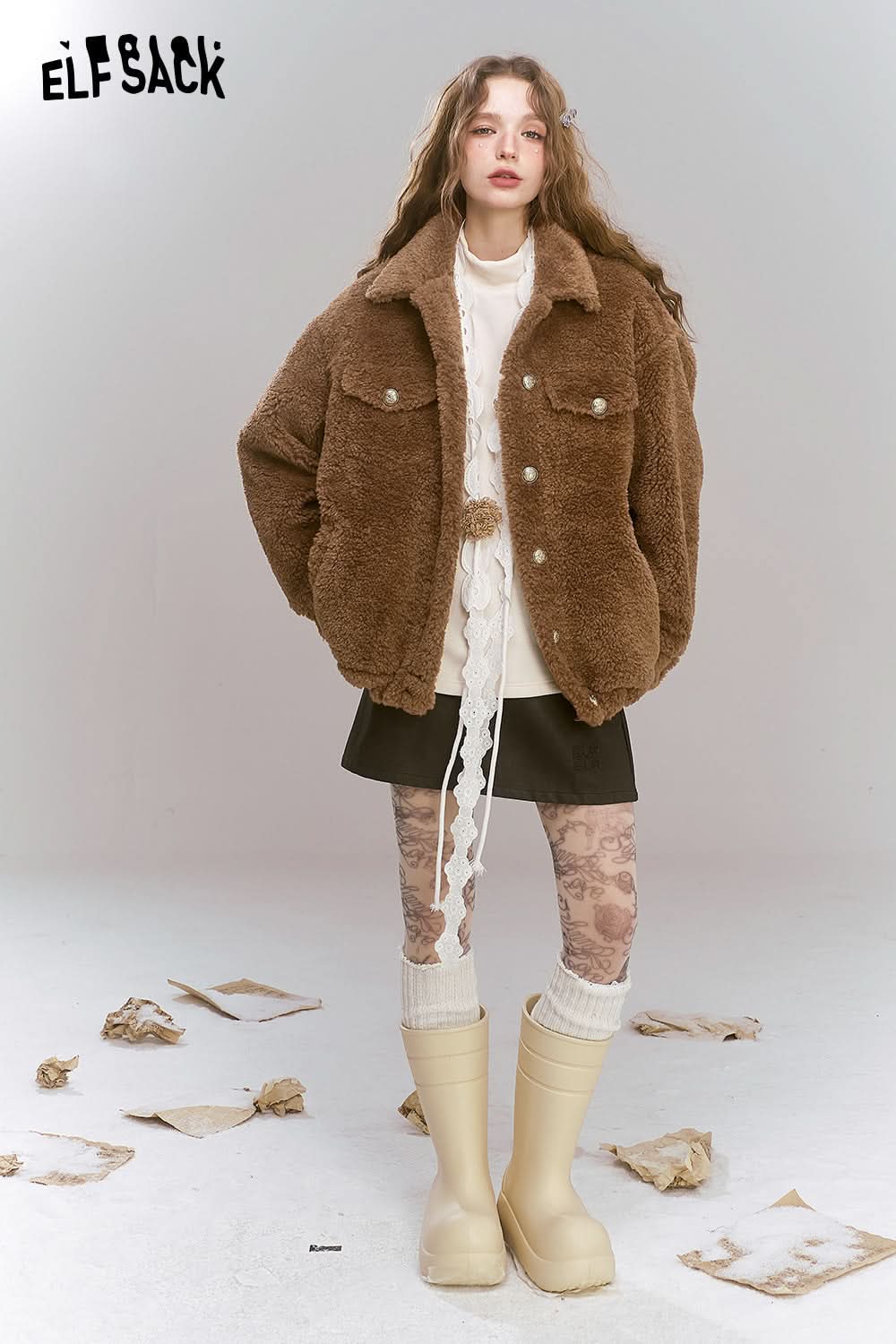 ELFSACK Retro Sweet Cool Plush Single breasted Short Warm Thick Coat