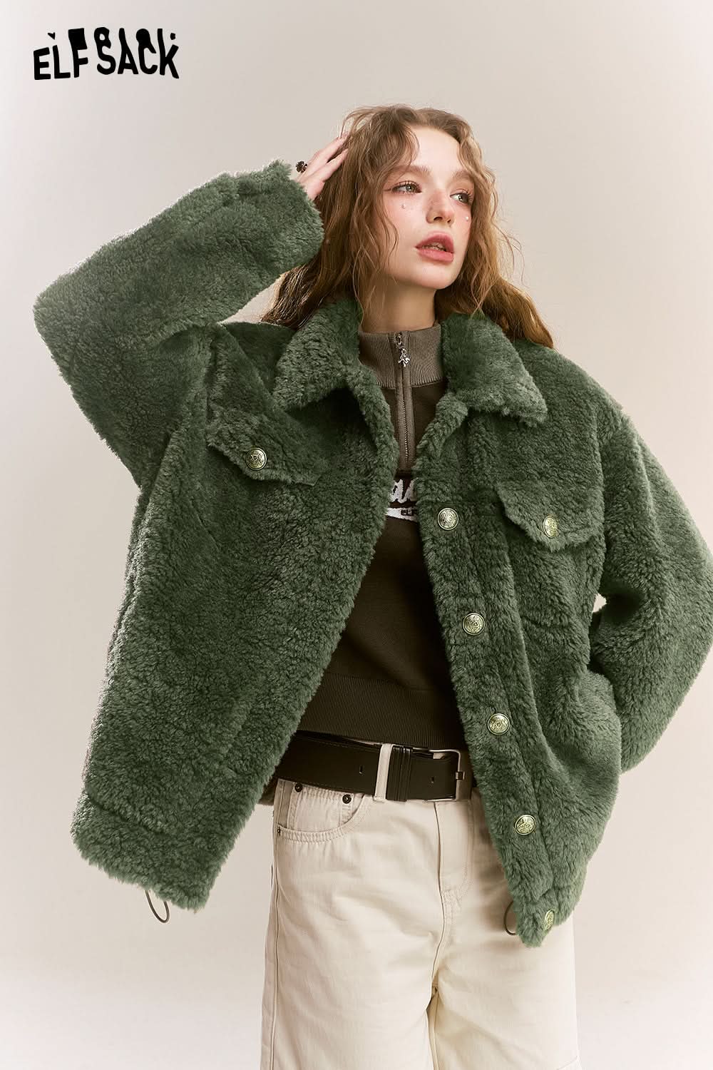 ELFSACK Retro Sweet Cool Plush Single breasted Short Warm Thick Coat