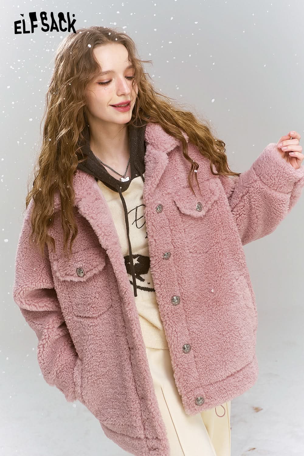 ELFSACK Retro Sweet Cool Plush Single breasted Short Warm Thick Coat