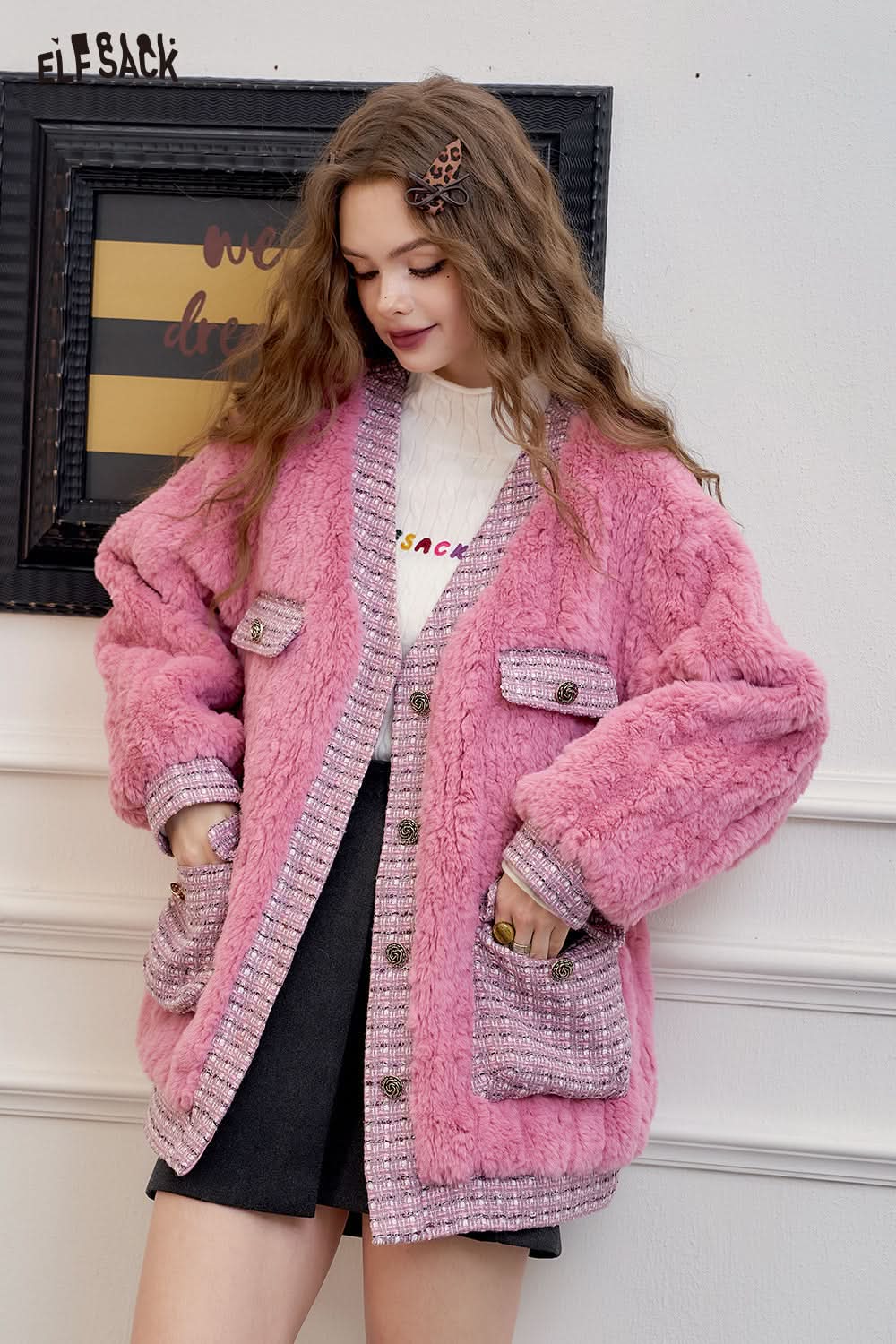 ELFSACK Houndstooth stitching pink fluffy coat
