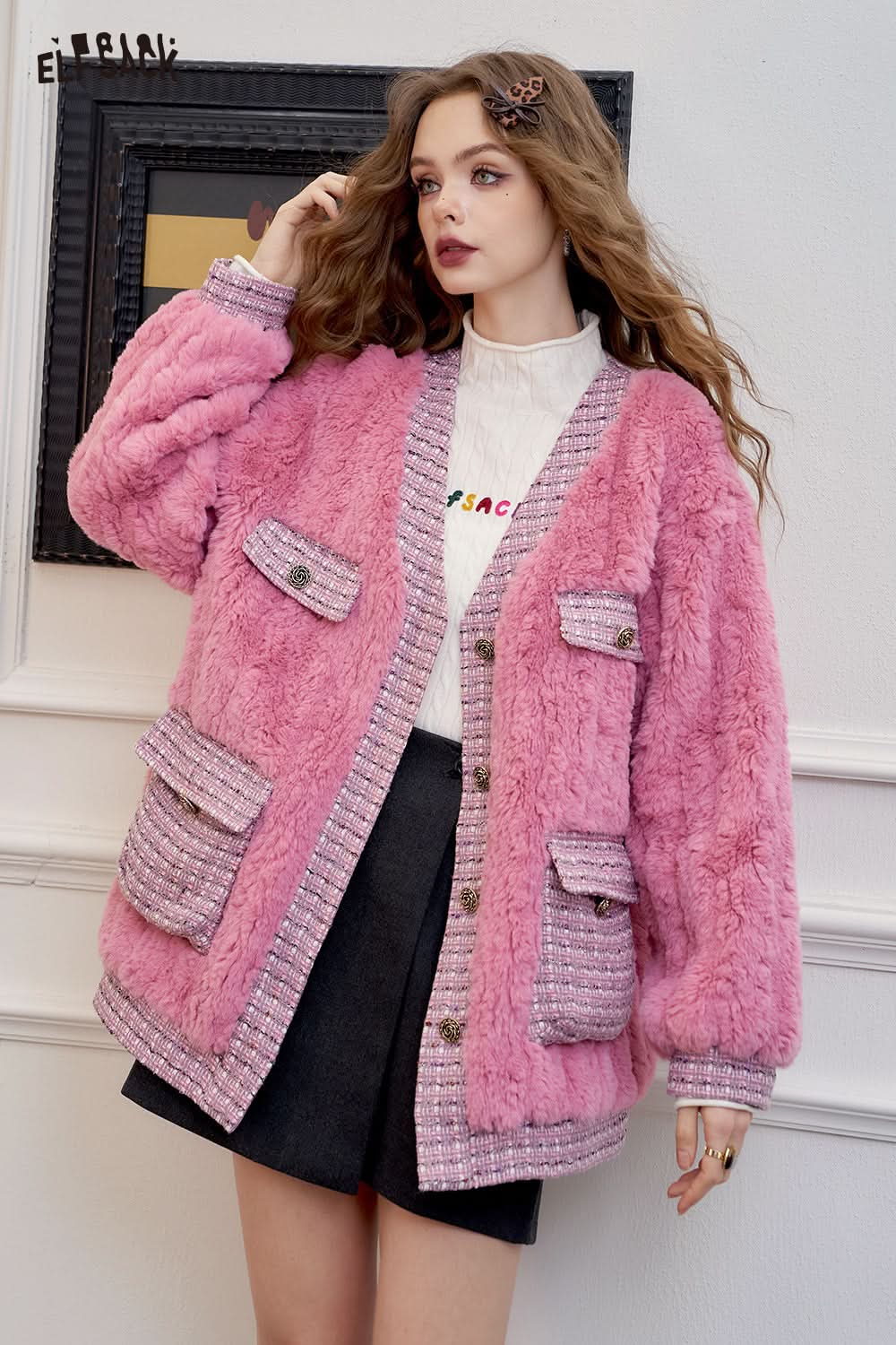 ELFSACK Houndstooth stitching pink fluffy coat
