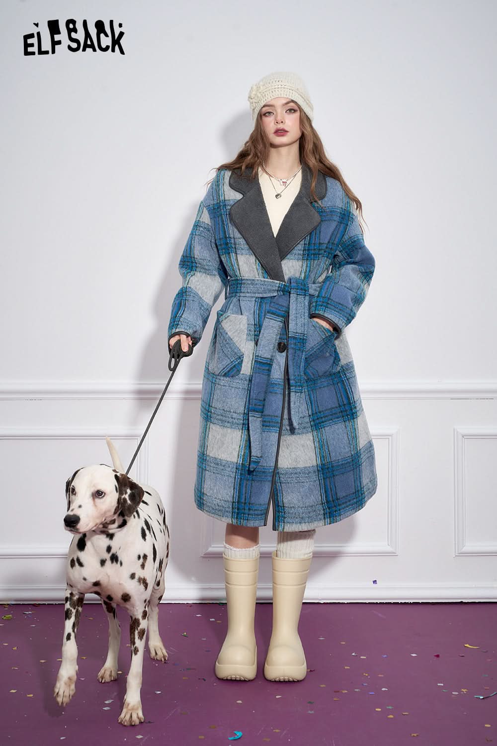ELFSACK Blue Plaid Elegant Faux Woolen Coat Women Simple Mid-Length Coat