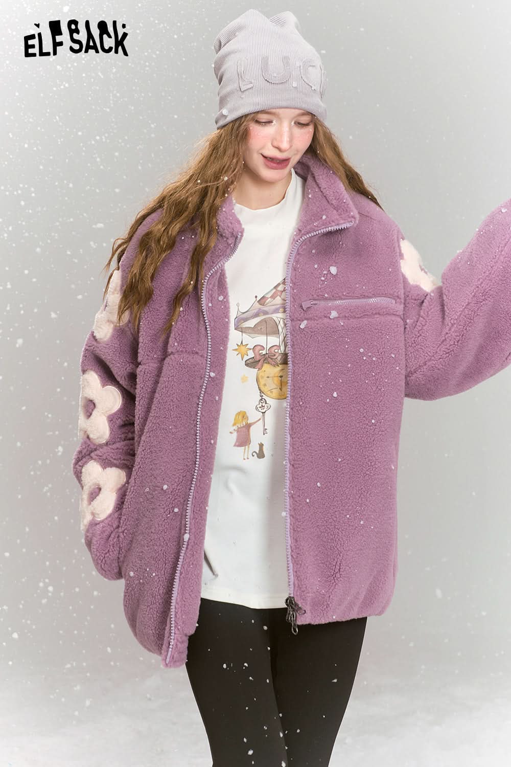 ELFSACK Flowers stitching imitation plush coat women loose stand collar thick warm jacket