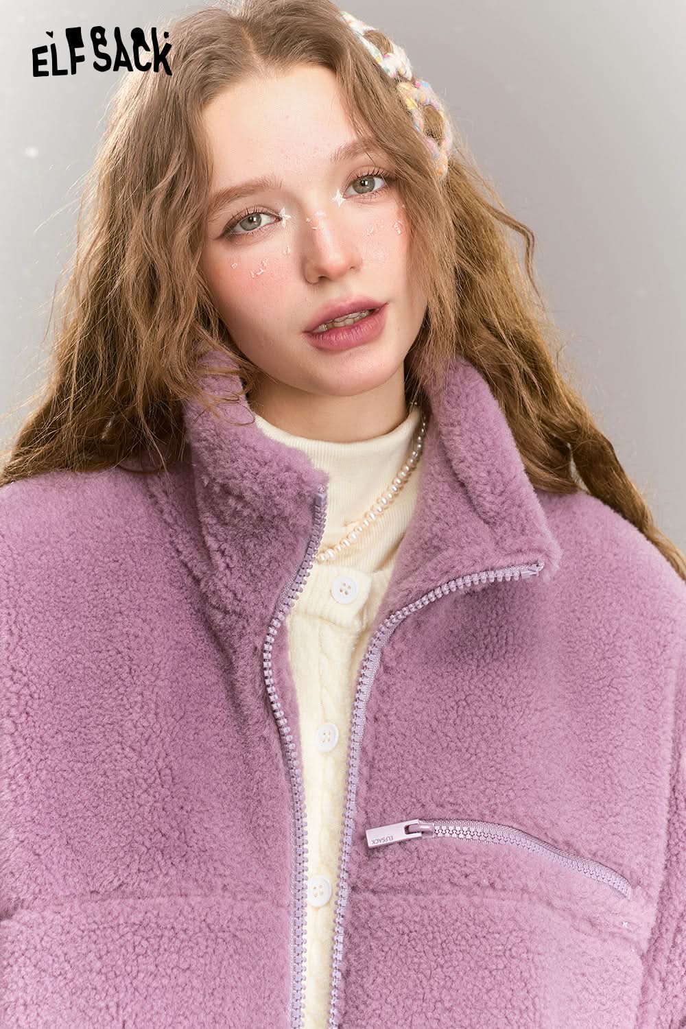 ELFSACK Flowers stitching imitation plush coat women loose stand collar thick warm jacket