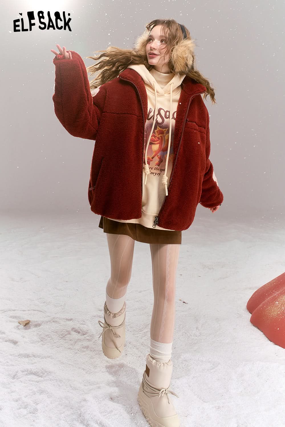 ELFSACK Flowers stitching imitation plush coat women loose stand collar thick warm jacket