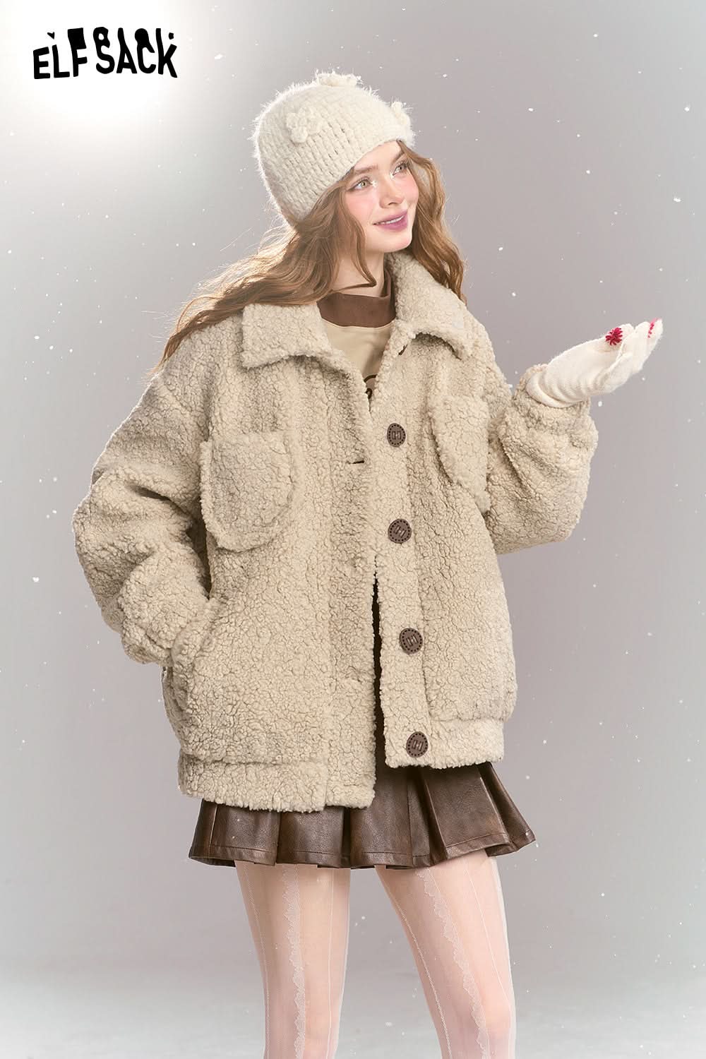 ELFSACK Sweet khaki imitation plush short thick warm jacket