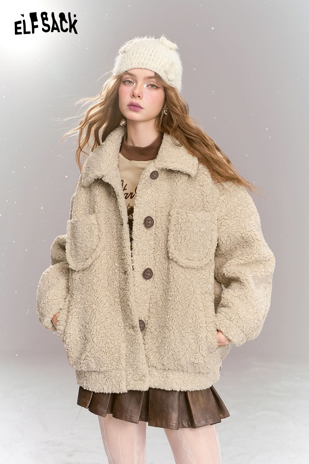 ELFSACK Sweet khaki imitation plush short thick warm jacket