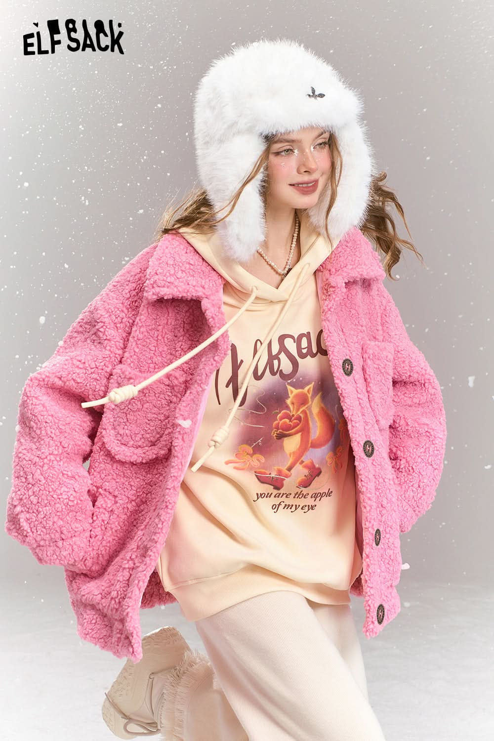 ELFSACK Sweet khaki imitation plush short thick warm jacket