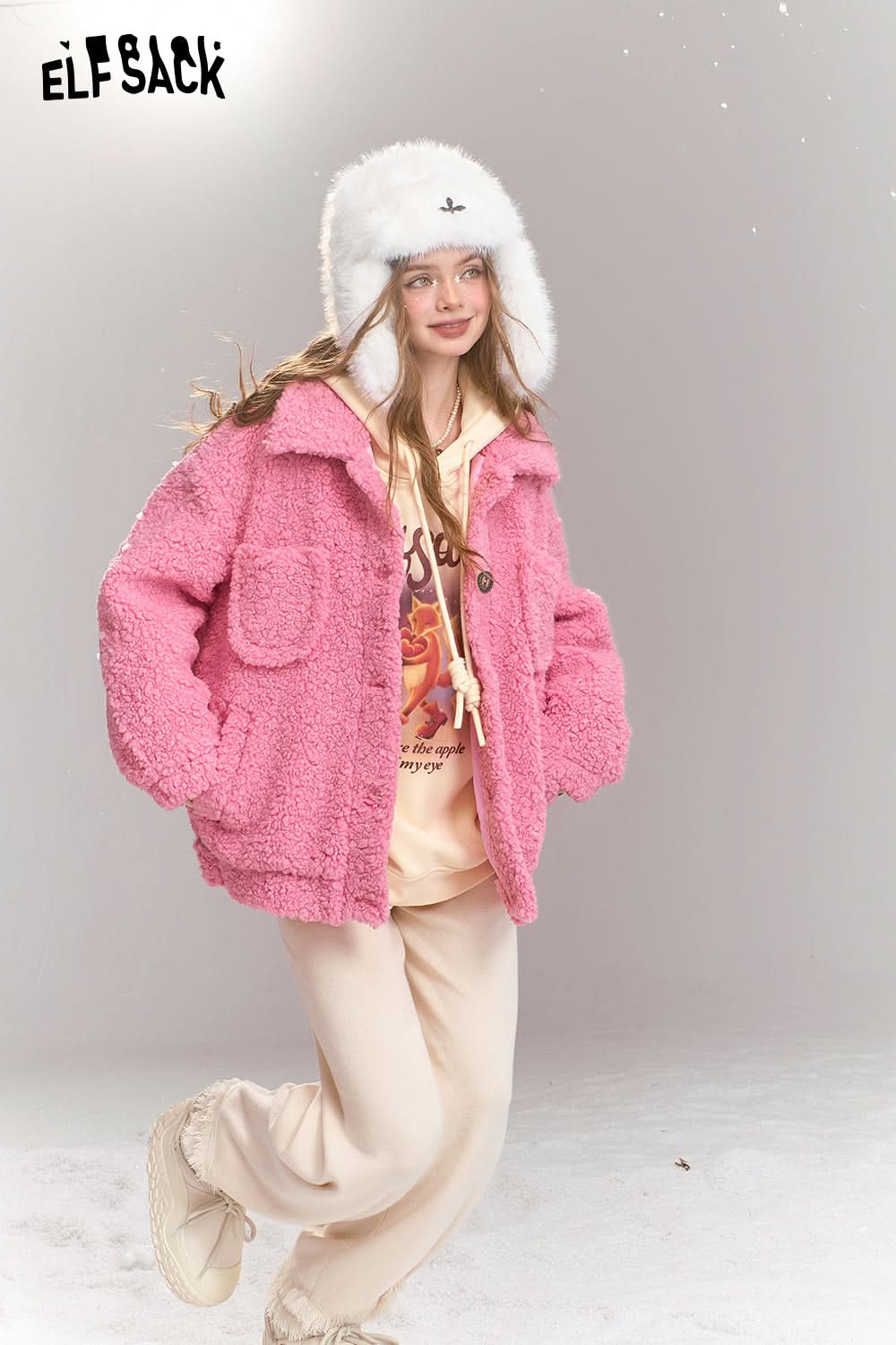 ELFSACK Sweet khaki imitation plush short thick warm jacket