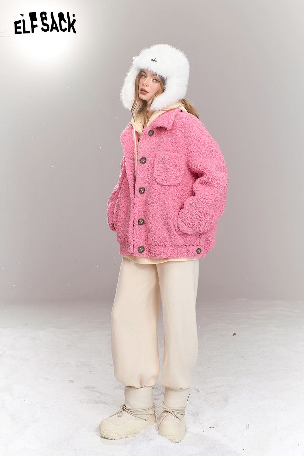 ELFSACK Sweet khaki imitation plush short thick warm jacket