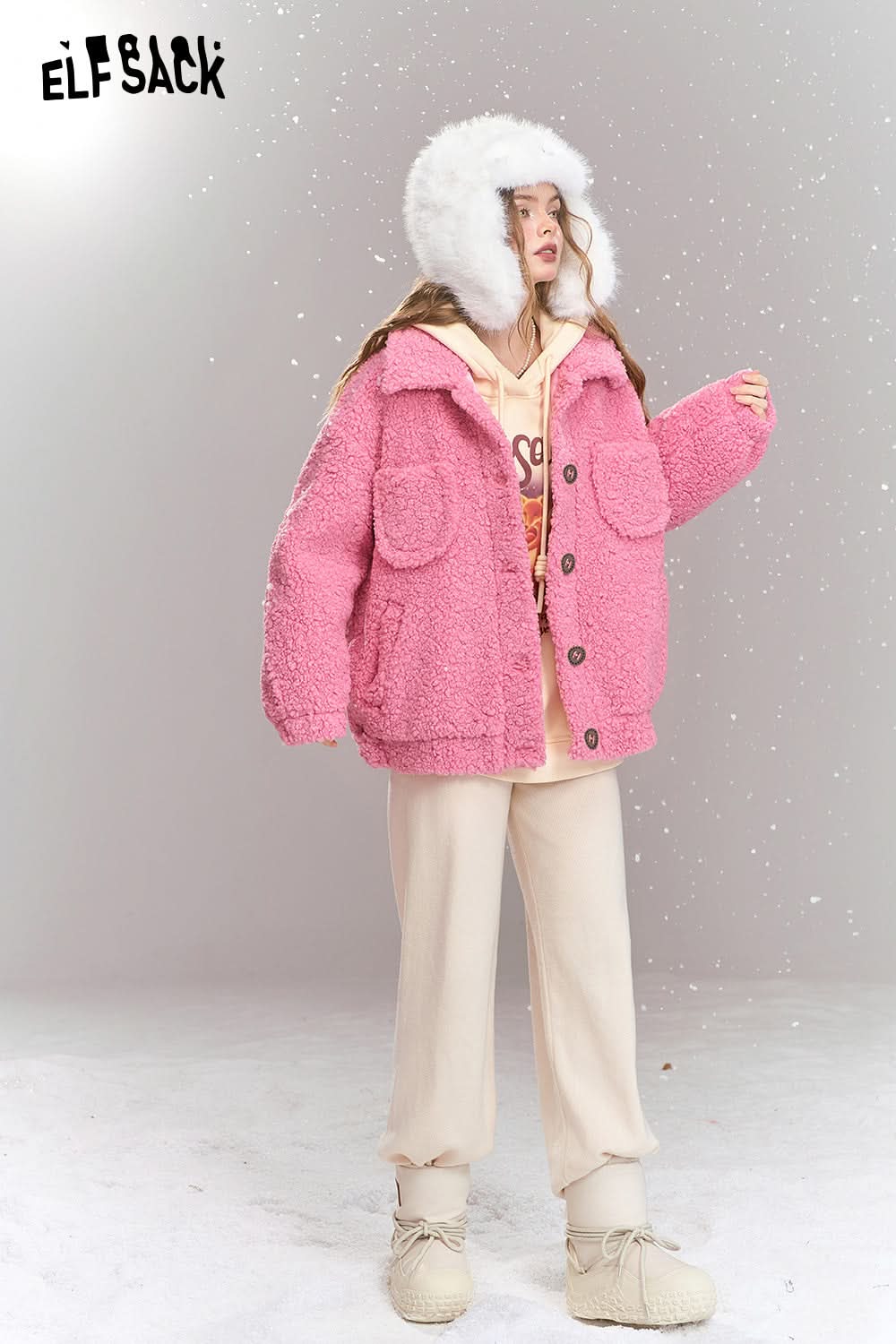 ELFSACK Sweet khaki imitation plush short thick warm jacket