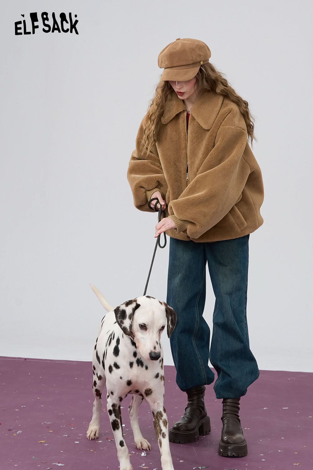 ELFSACK Retro khaki loose collar imitation plush thick coat