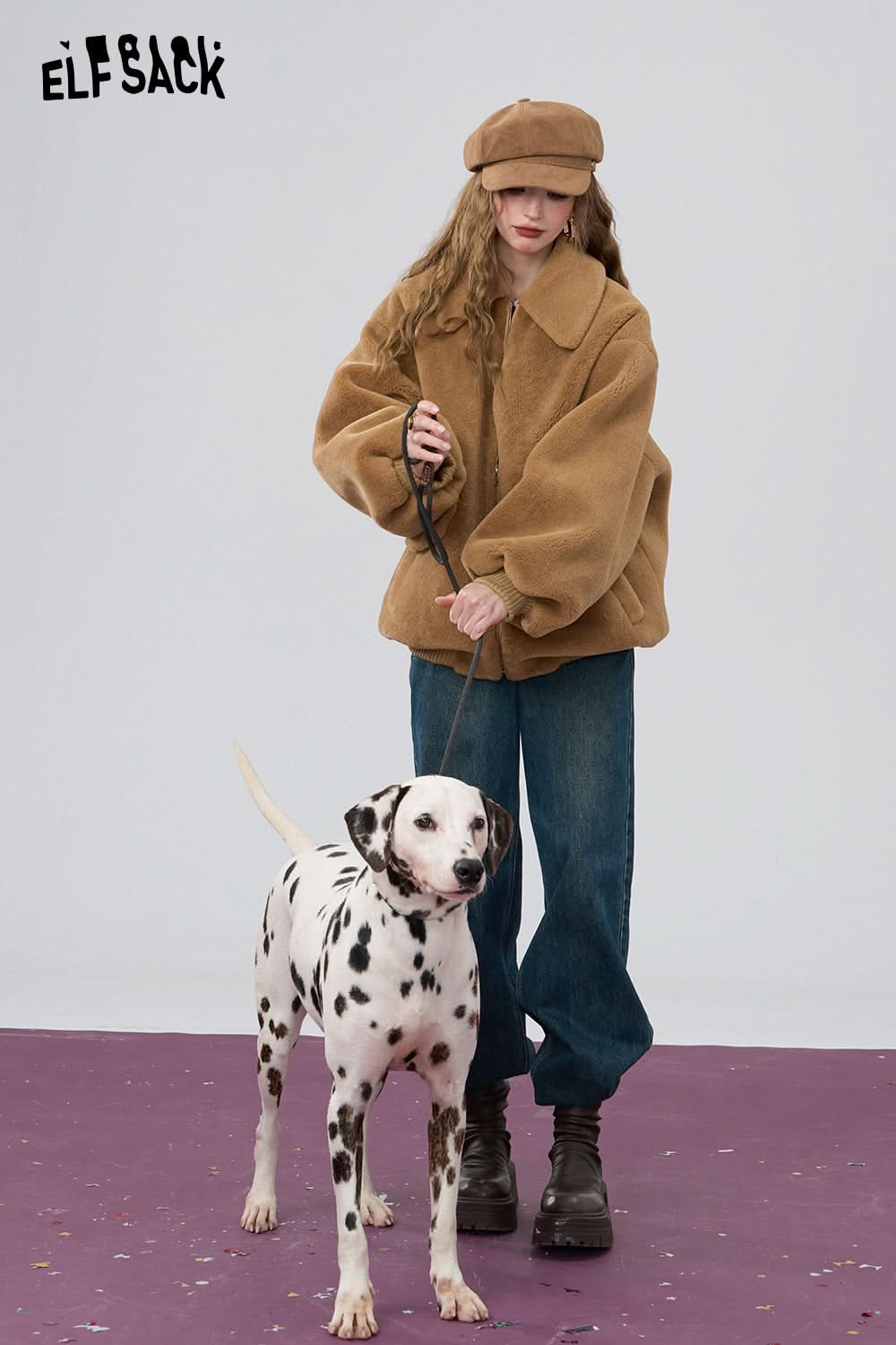 ELFSACK Retro khaki loose collar imitation plush thick coat