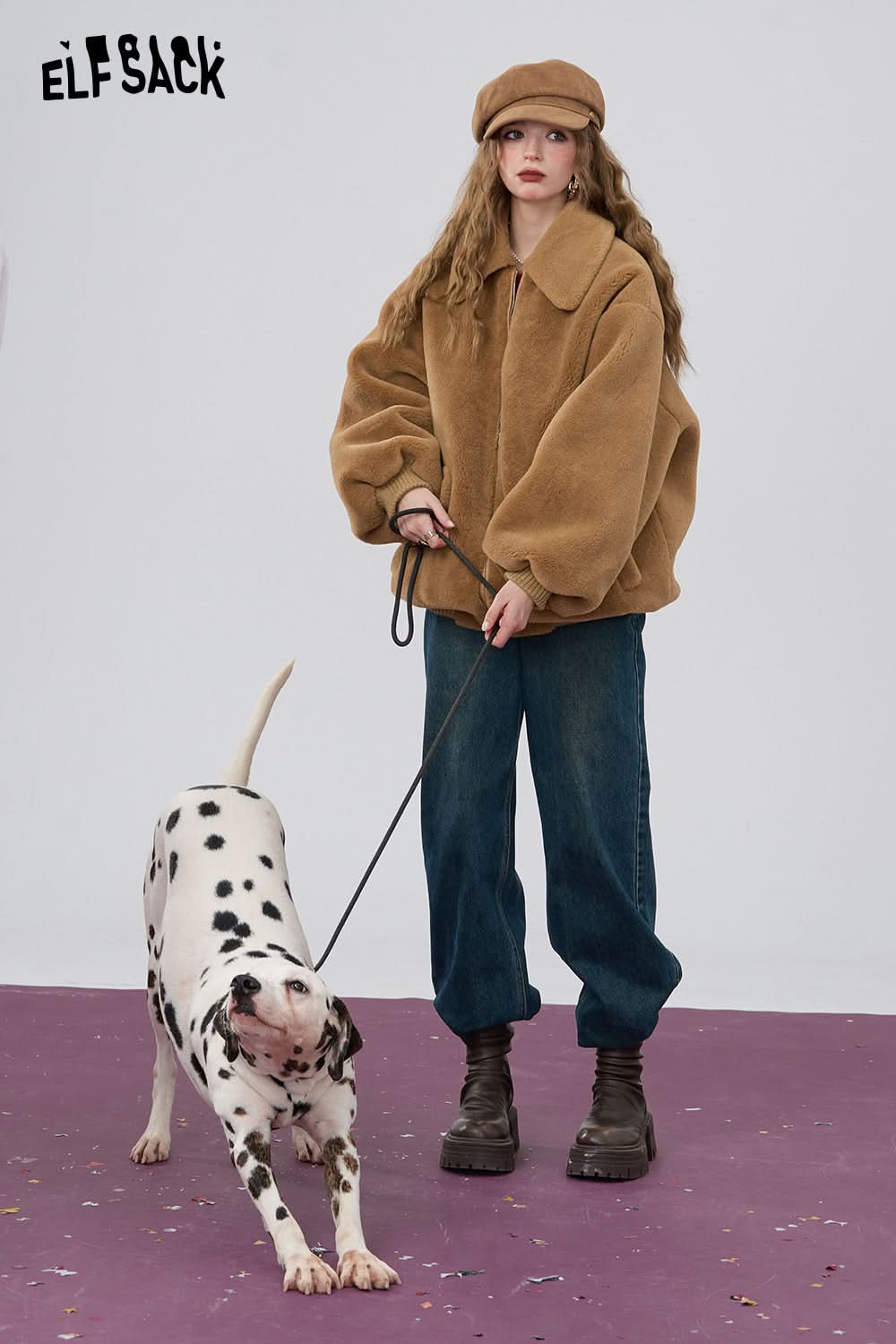 ELFSACK Retro khaki loose collar imitation plush thick coat