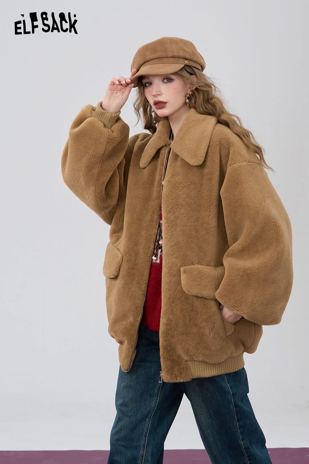 ELFSACK Retro khaki loose collar imitation plush thick coat
