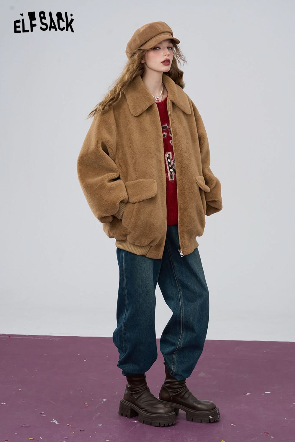ELFSACK Retro khaki loose collar imitation plush thick coat