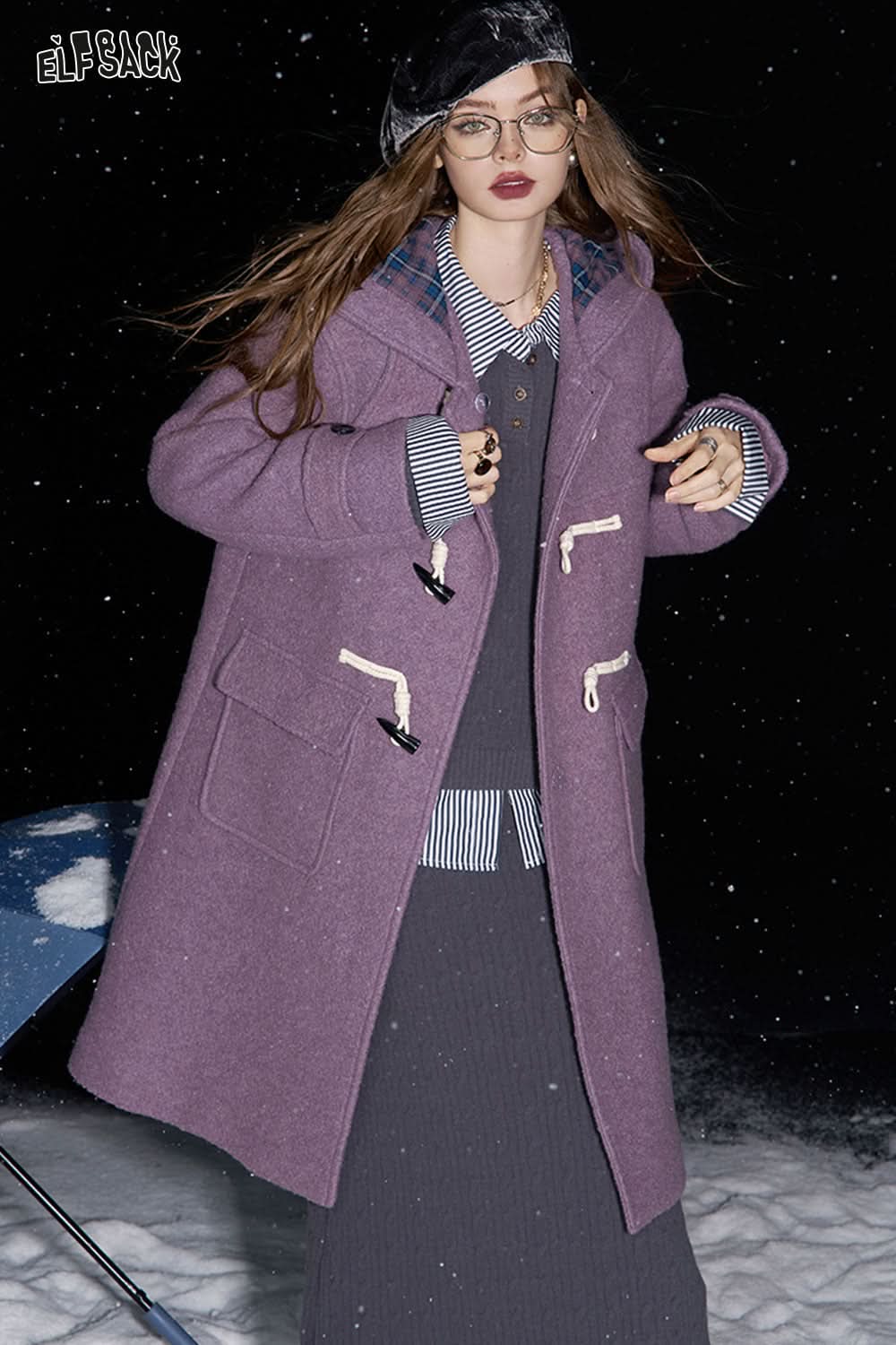 ELFSACK Purple buttoned hooded long wool coat