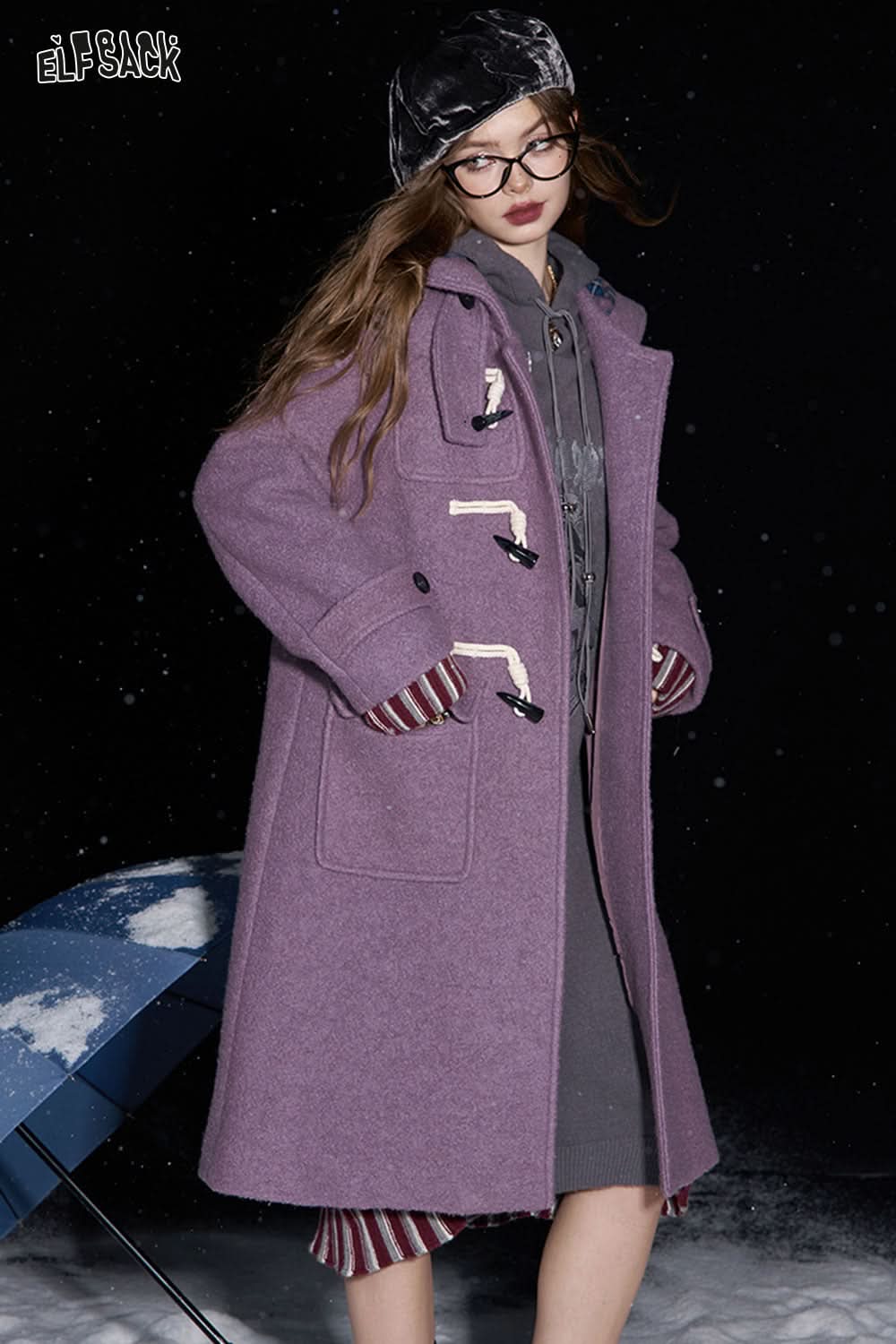ELFSACK Purple buttoned hooded long wool coat