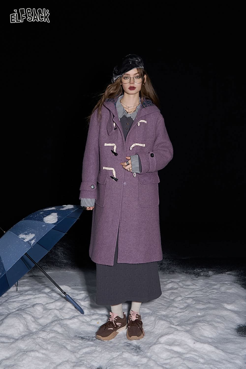 ELFSACK Purple buttoned hooded long wool coat
