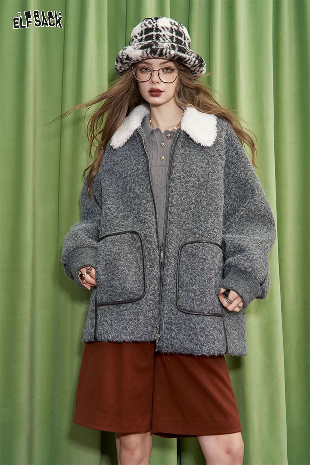 ELFSACK Preppy style grey fake fur collar mid-length thick coat