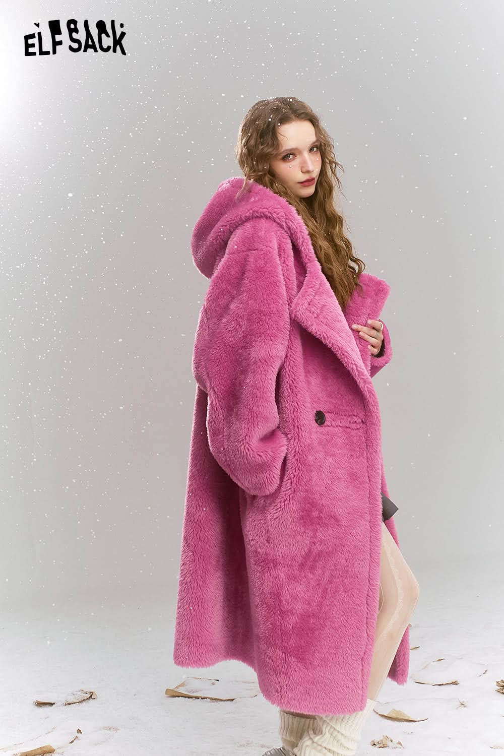 ELFSACK Pink plush composite suede thick long hooded coat
