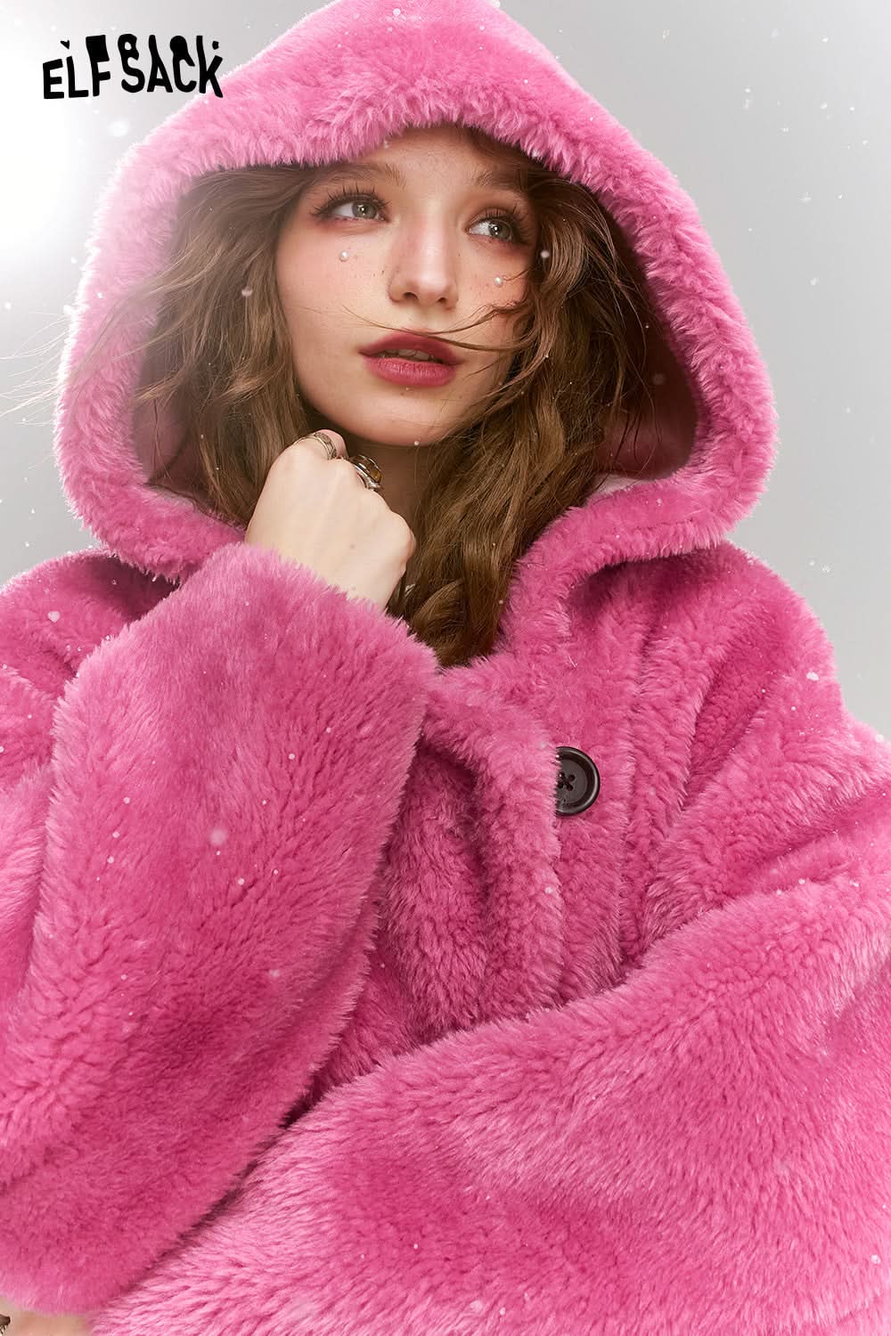 ELFSACK Pink plush composite suede thick long hooded coat