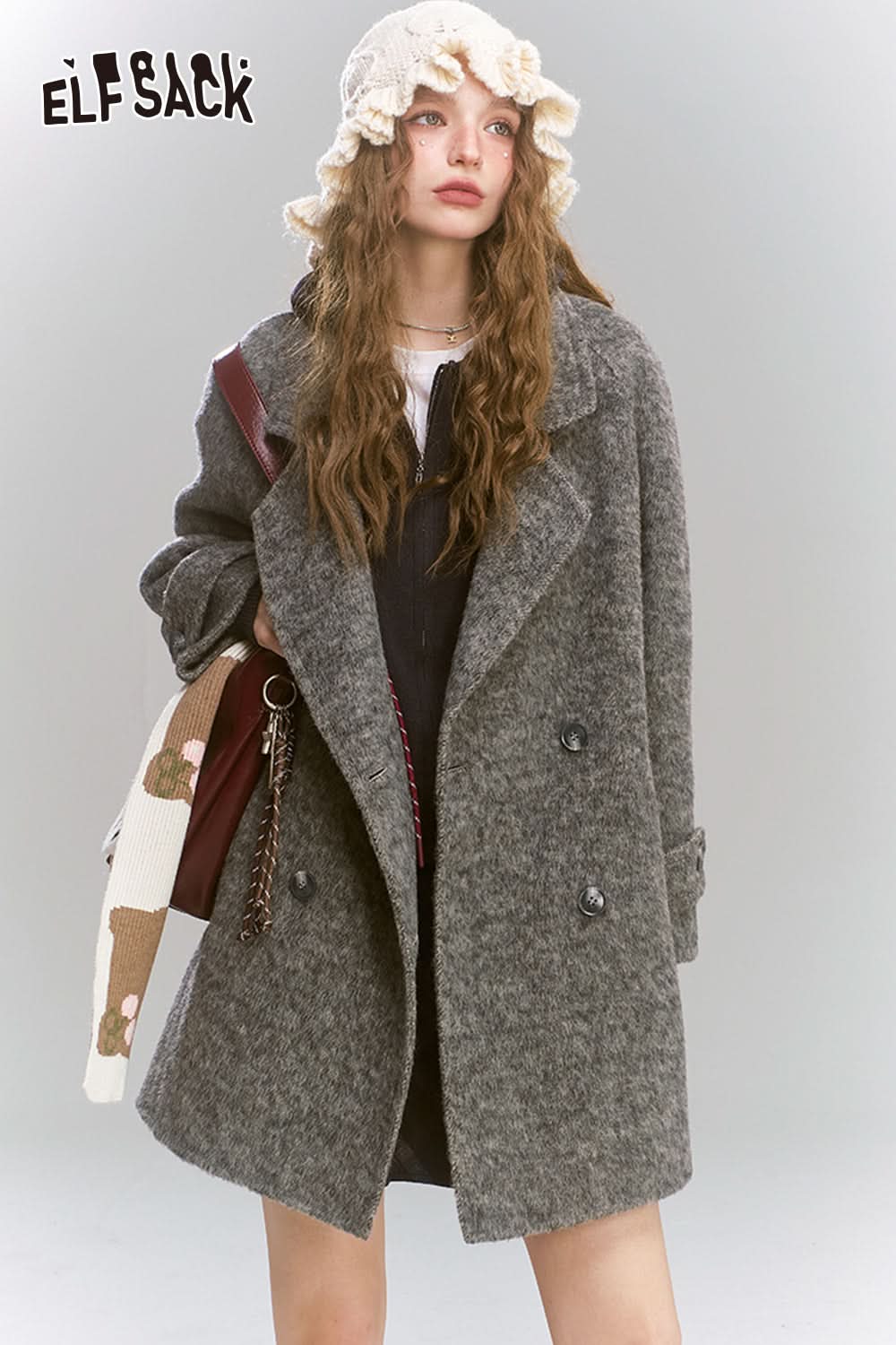 ELFSACK Medium to long woolen coat, loose, lazy, sweet and women's coat