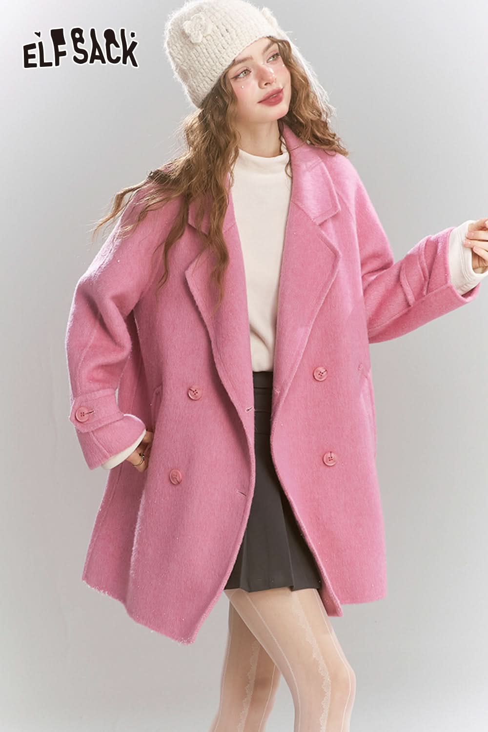 ELFSACK Medium to long woolen coat, loose, lazy, sweet and women's coat