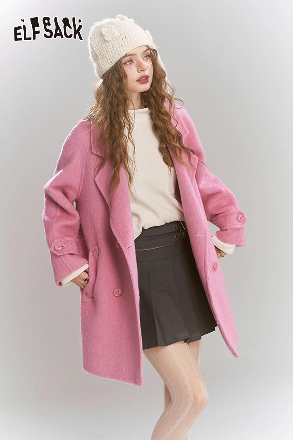 ELFSACK Medium to long woolen coat, loose, lazy, sweet and women's coat