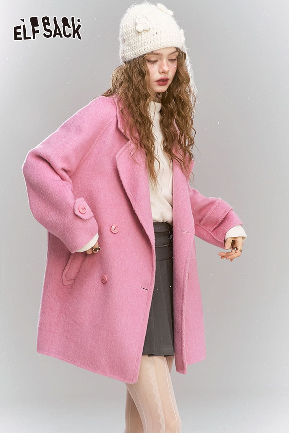 ELFSACK Medium to long woolen coat, loose, lazy, sweet and women's coat