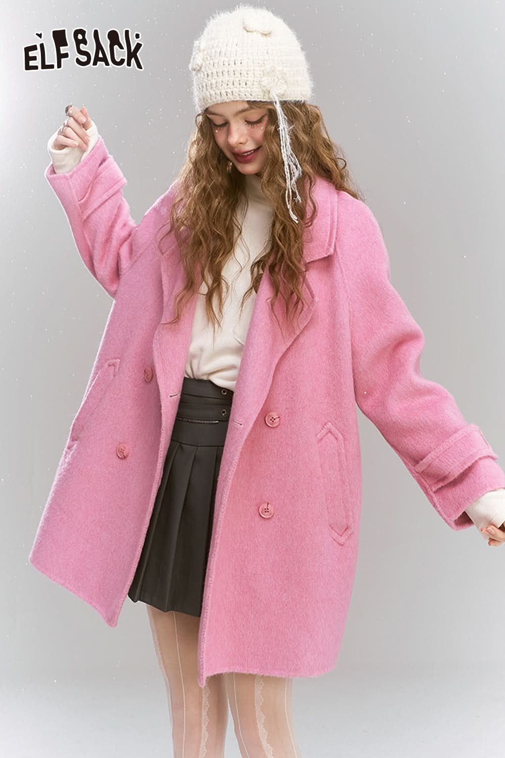 ELFSACK Medium to long woolen coat, loose, lazy, sweet and women's coat