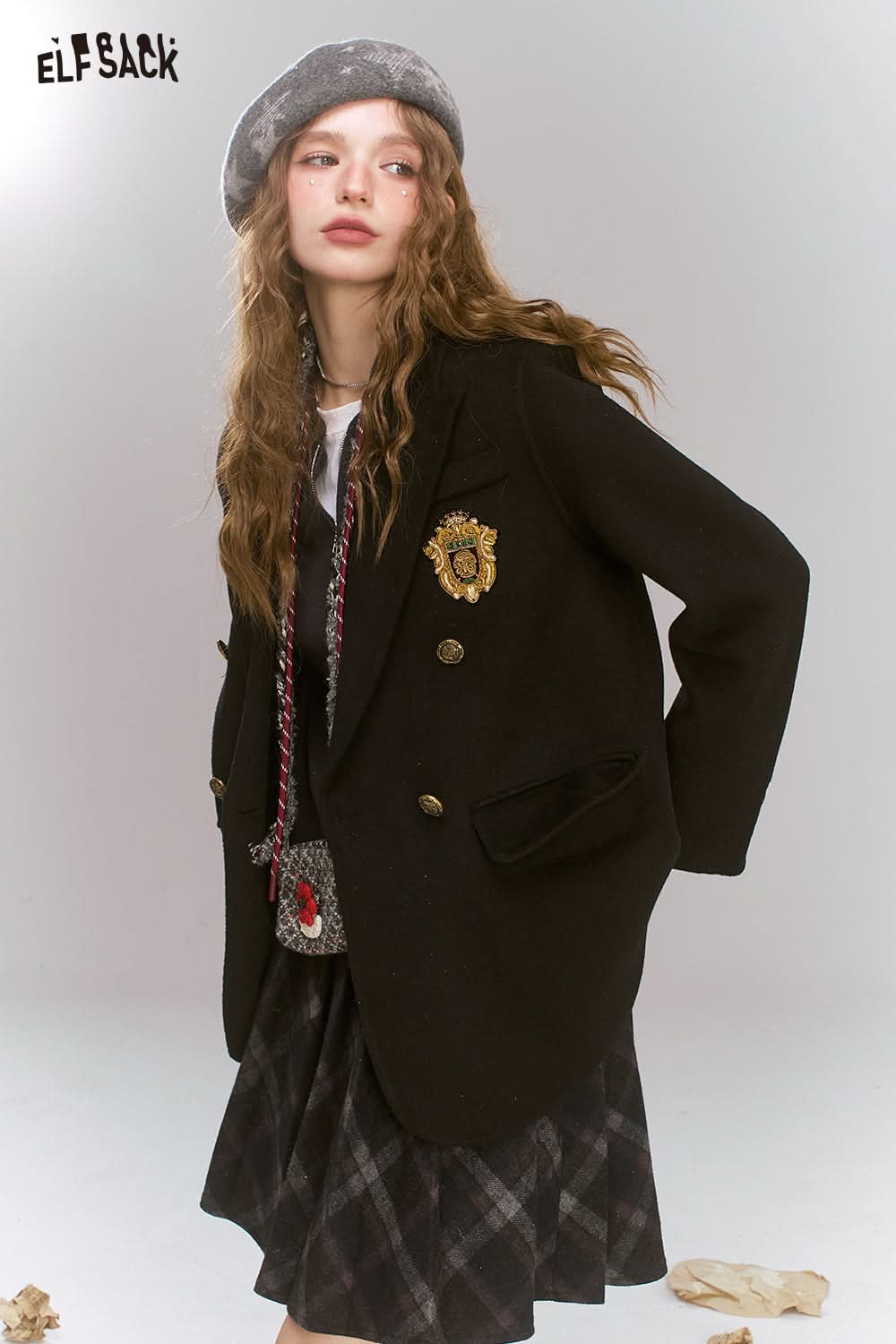 ELFSACK Retro preppy style slim woolen coat, suit collar coat