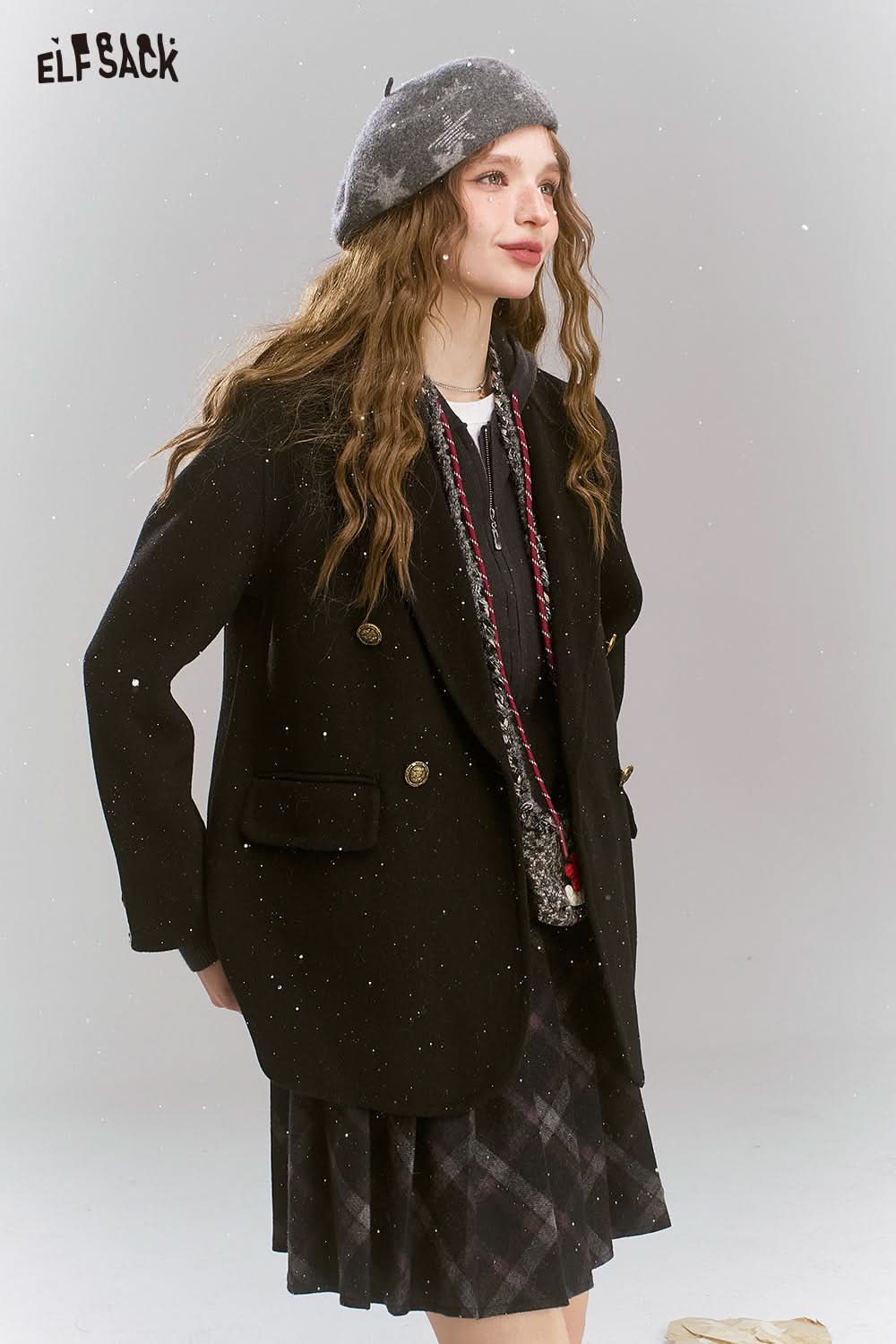 ELFSACK Retro preppy style slim woolen coat, suit collar coat