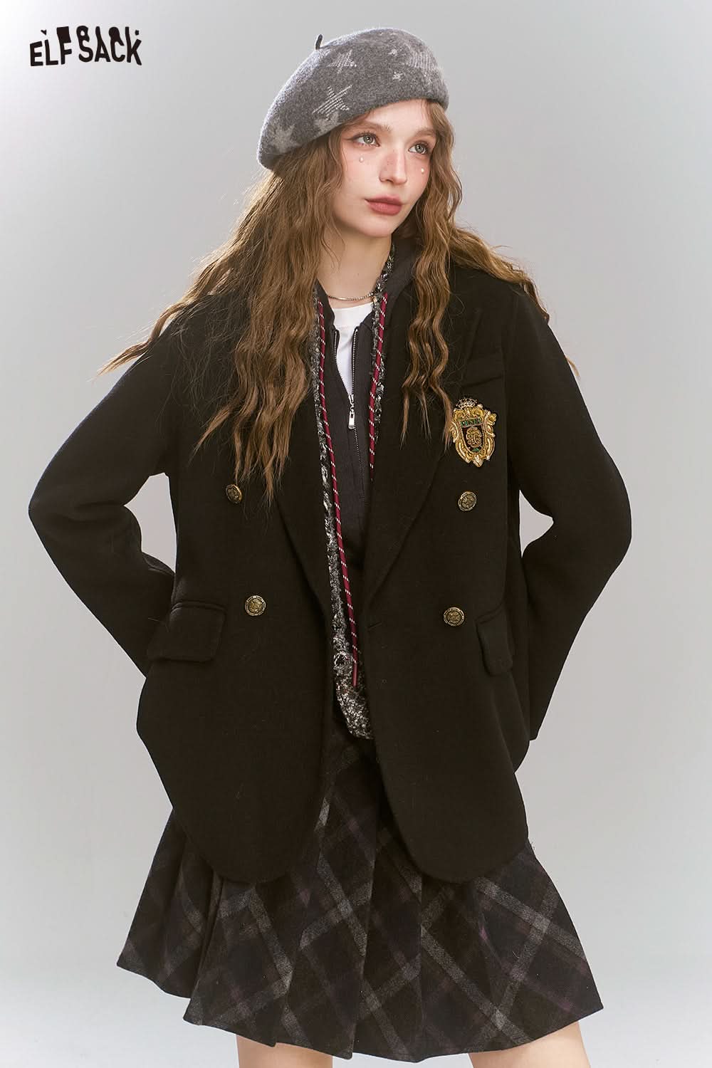 ELFSACK Retro preppy style slim woolen coat, suit collar coat