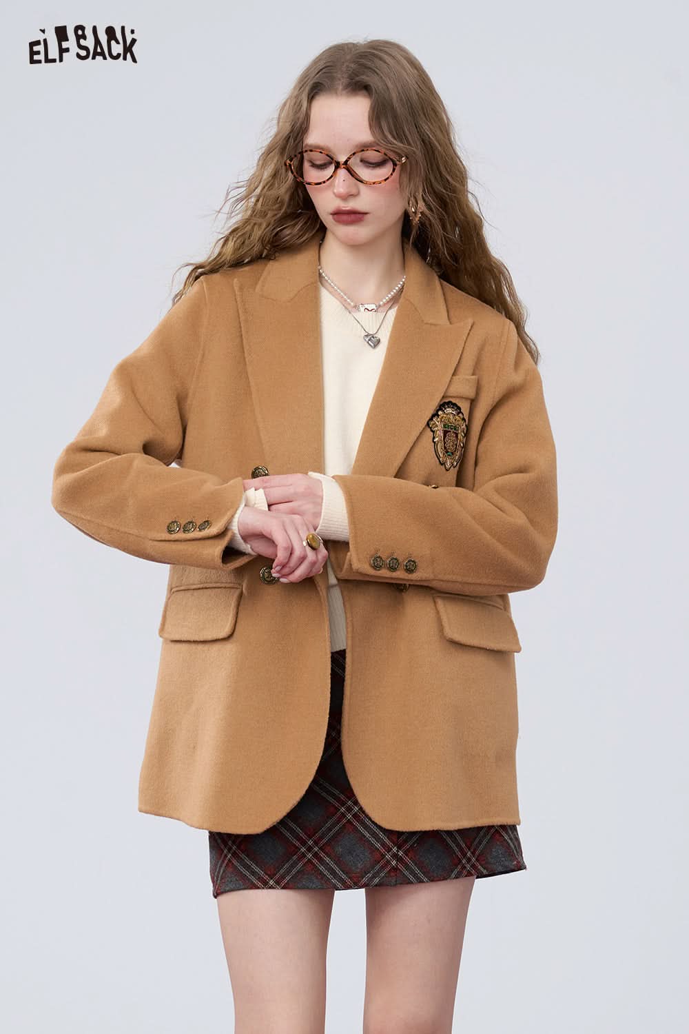 ELFSACK Retro preppy style slim woolen coat, suit collar coat