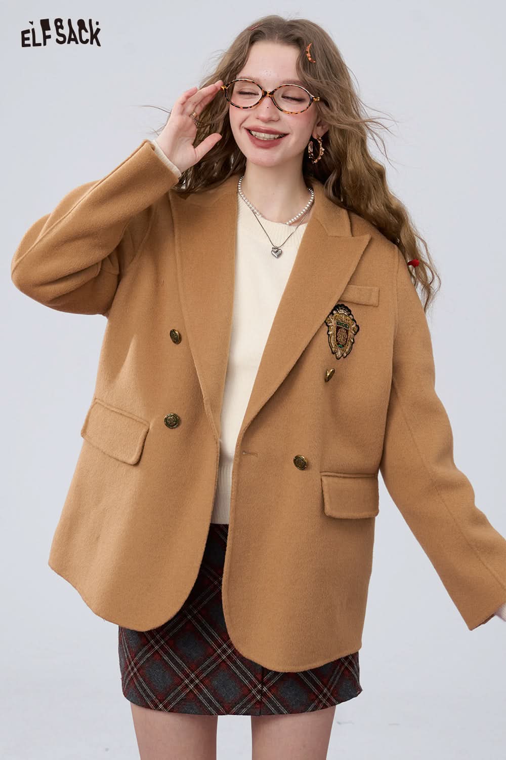 ELFSACK Retro preppy style slim woolen coat, suit collar coat