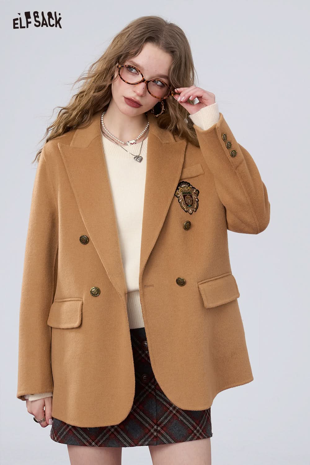 ELFSACK Retro preppy style slim woolen coat, suit collar coat