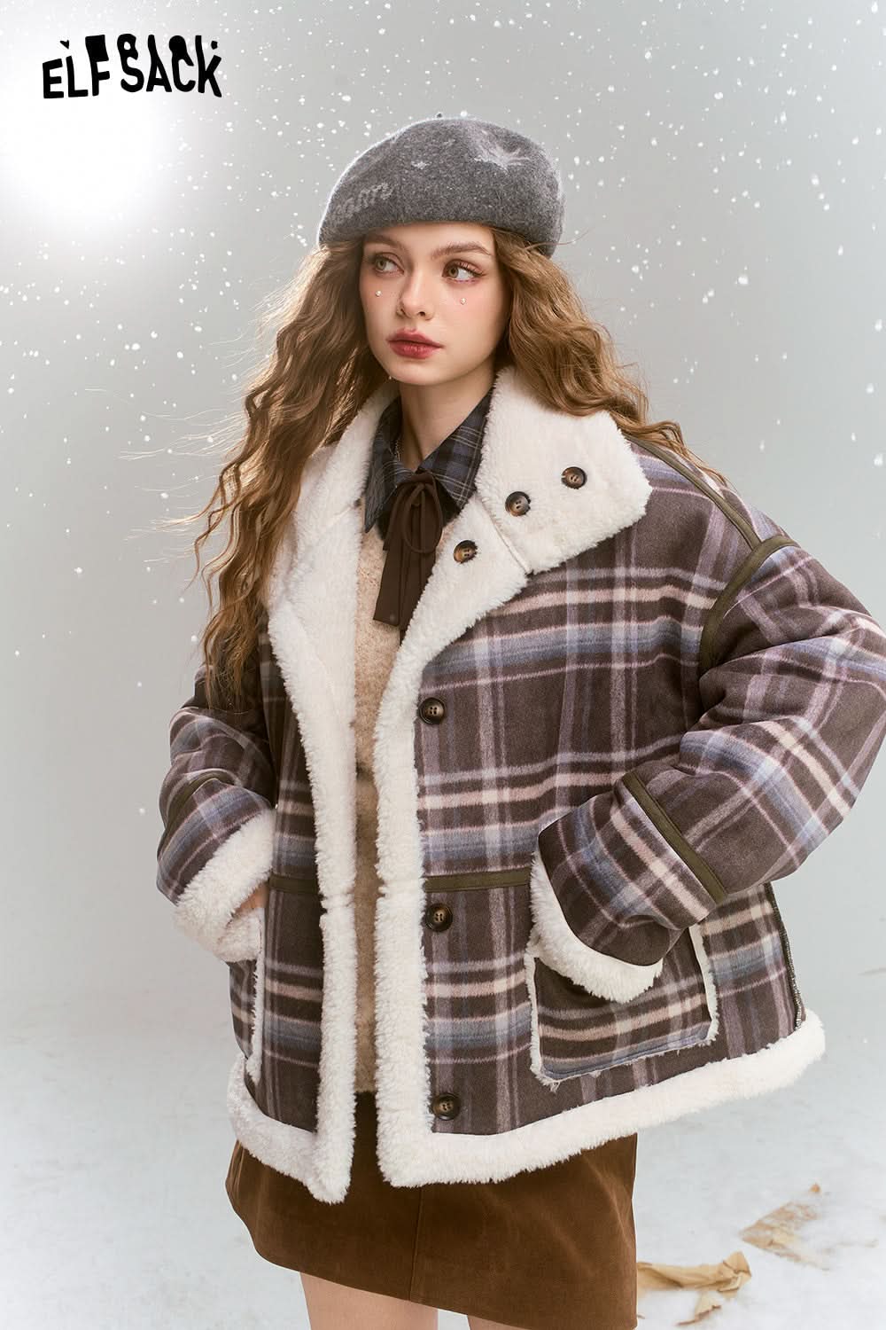 ELFSACK Retro Preppy Style plaid short plush thick warm coat