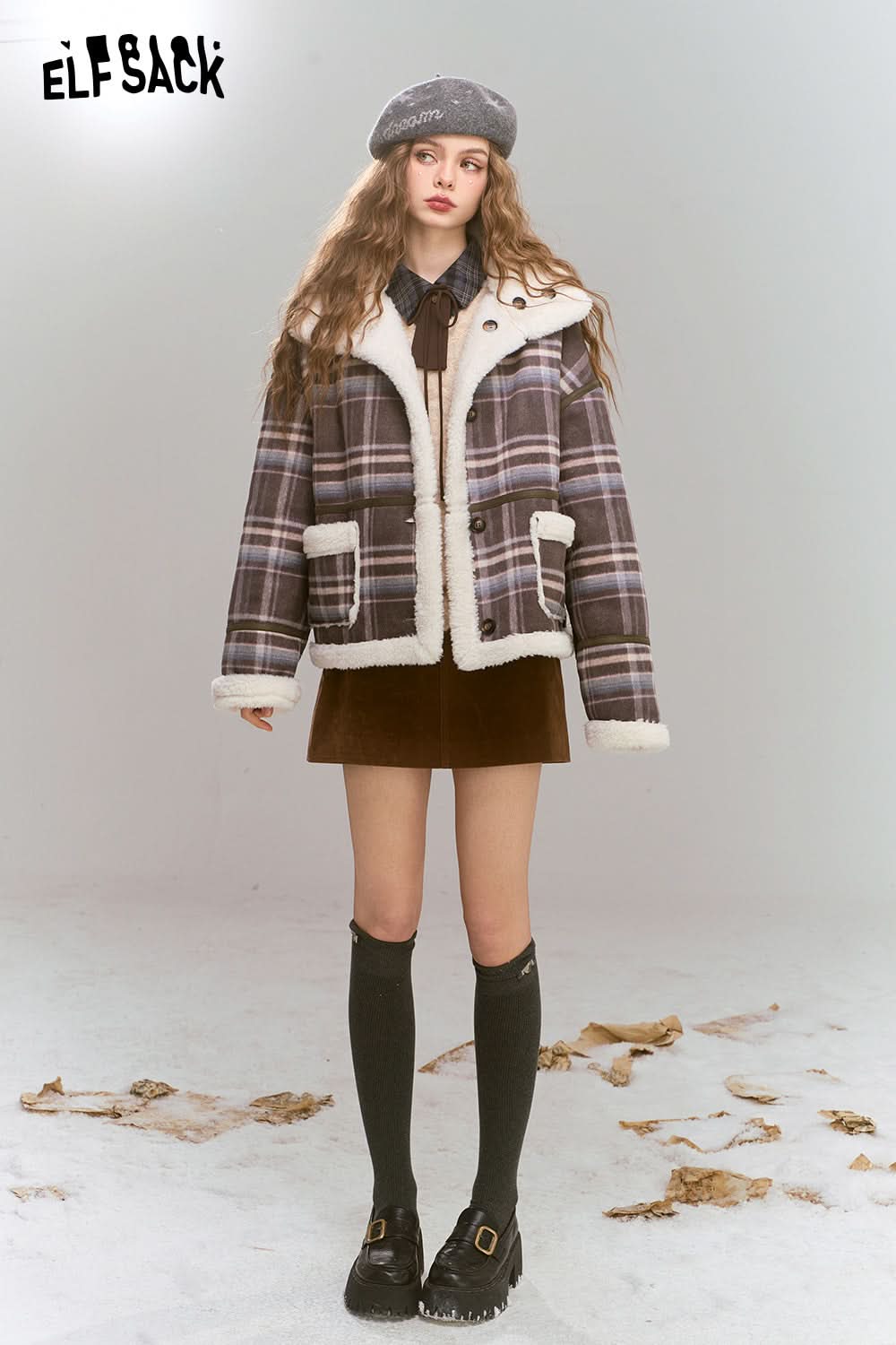 ELFSACK Retro Preppy Style plaid short plush thick warm coat