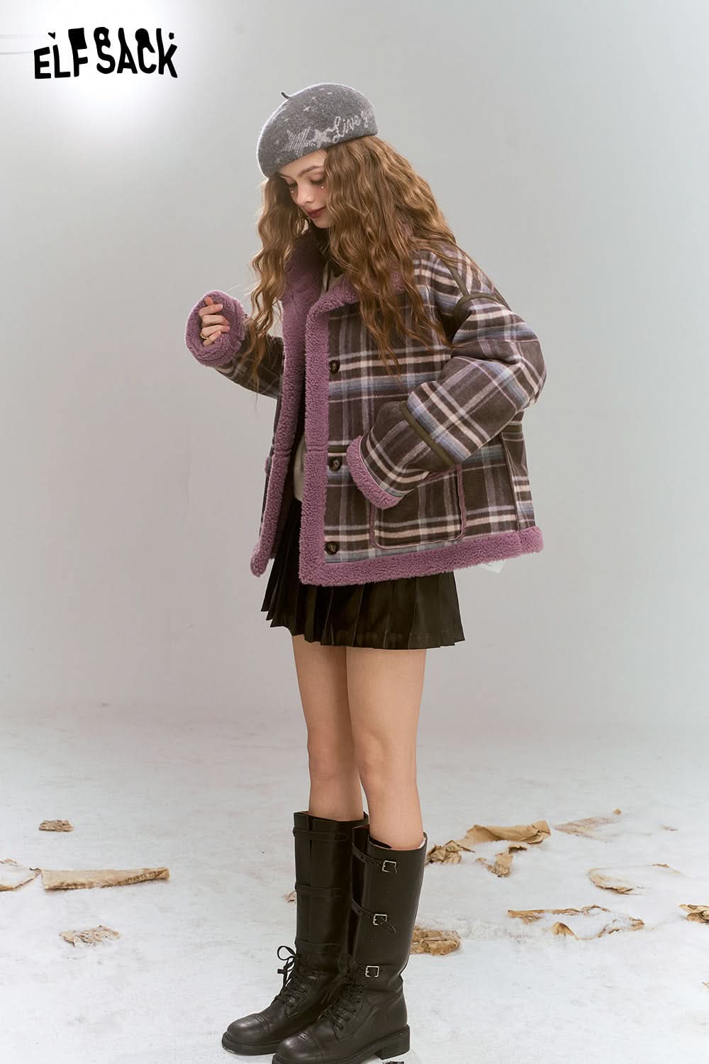 ELFSACK Retro Preppy Style plaid short plush thick warm coat