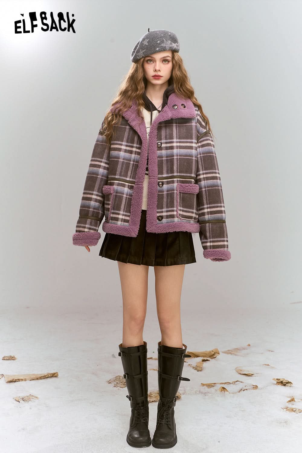 ELFSACK Retro Preppy Style plaid short plush thick warm coat