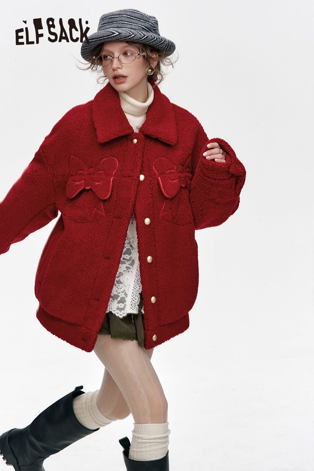 ELFSACK Sweet bow plush red lapel thick coat