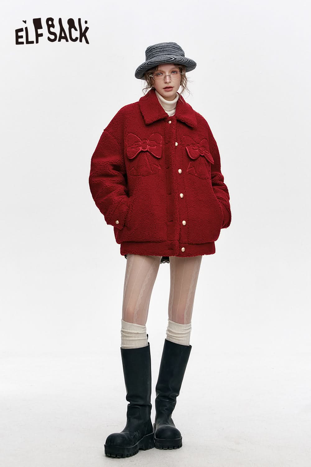 ELFSACK Sweet bow plush red lapel thick coat