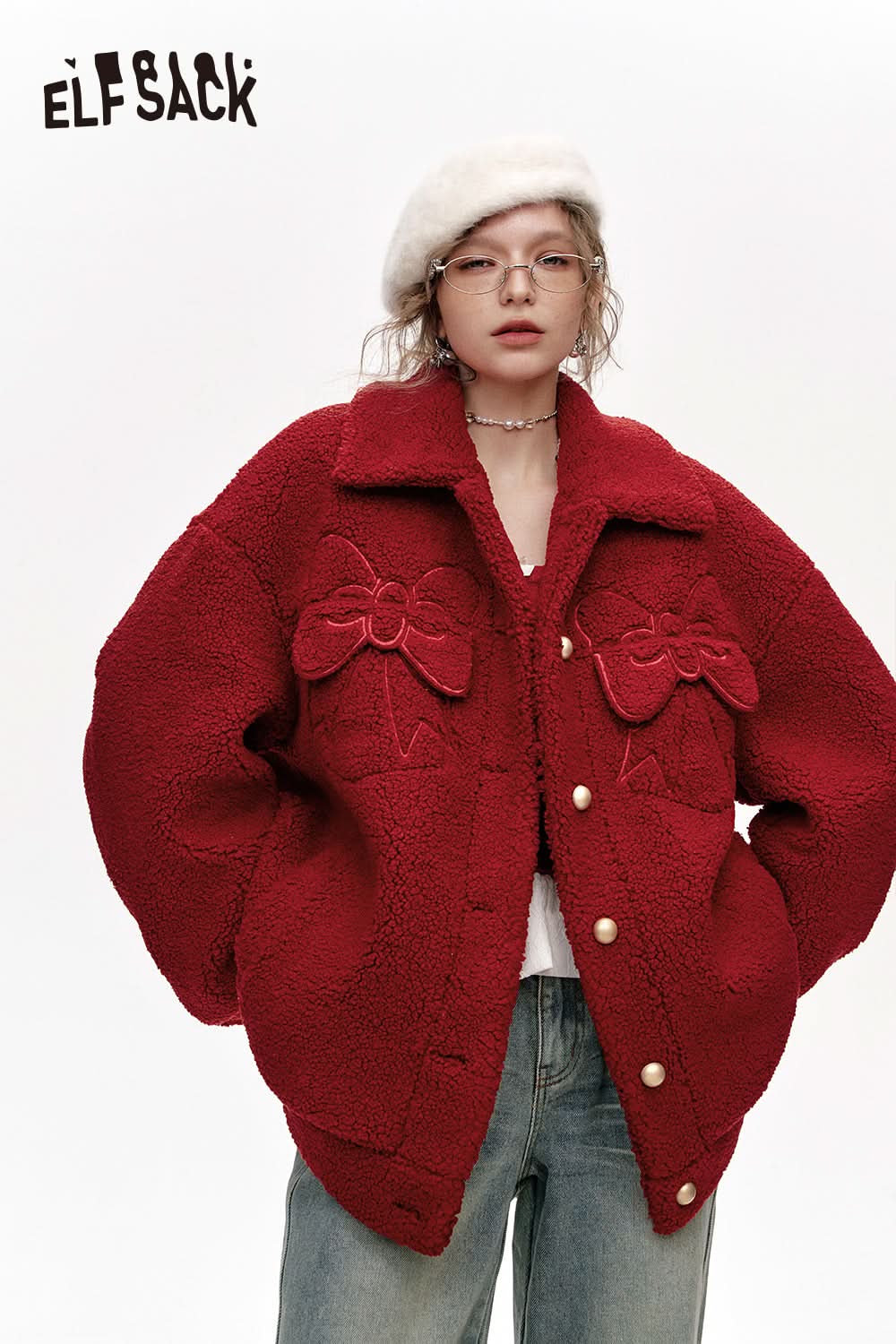 ELFSACK Sweet bow plush red lapel thick coat