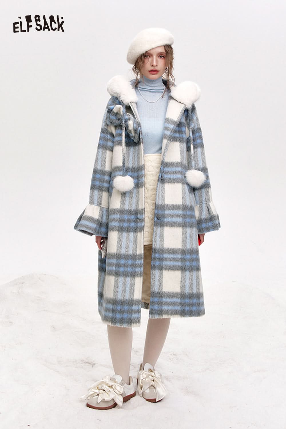 ELFSACK Blue and white plaid hooded long thick coat