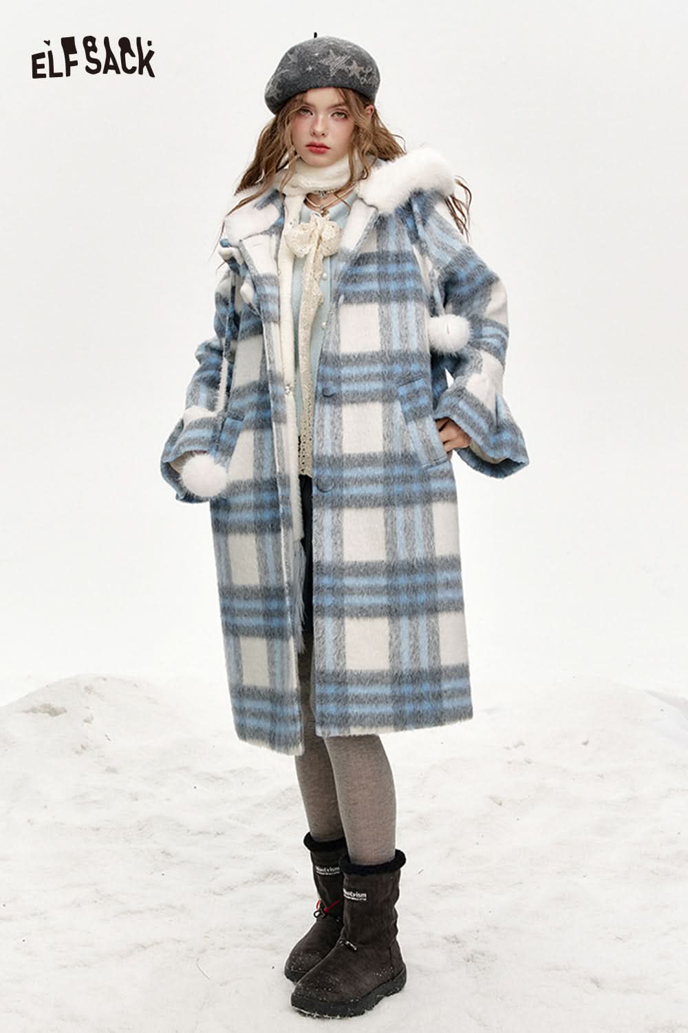 ELFSACK Blue and white plaid hooded long thick coat