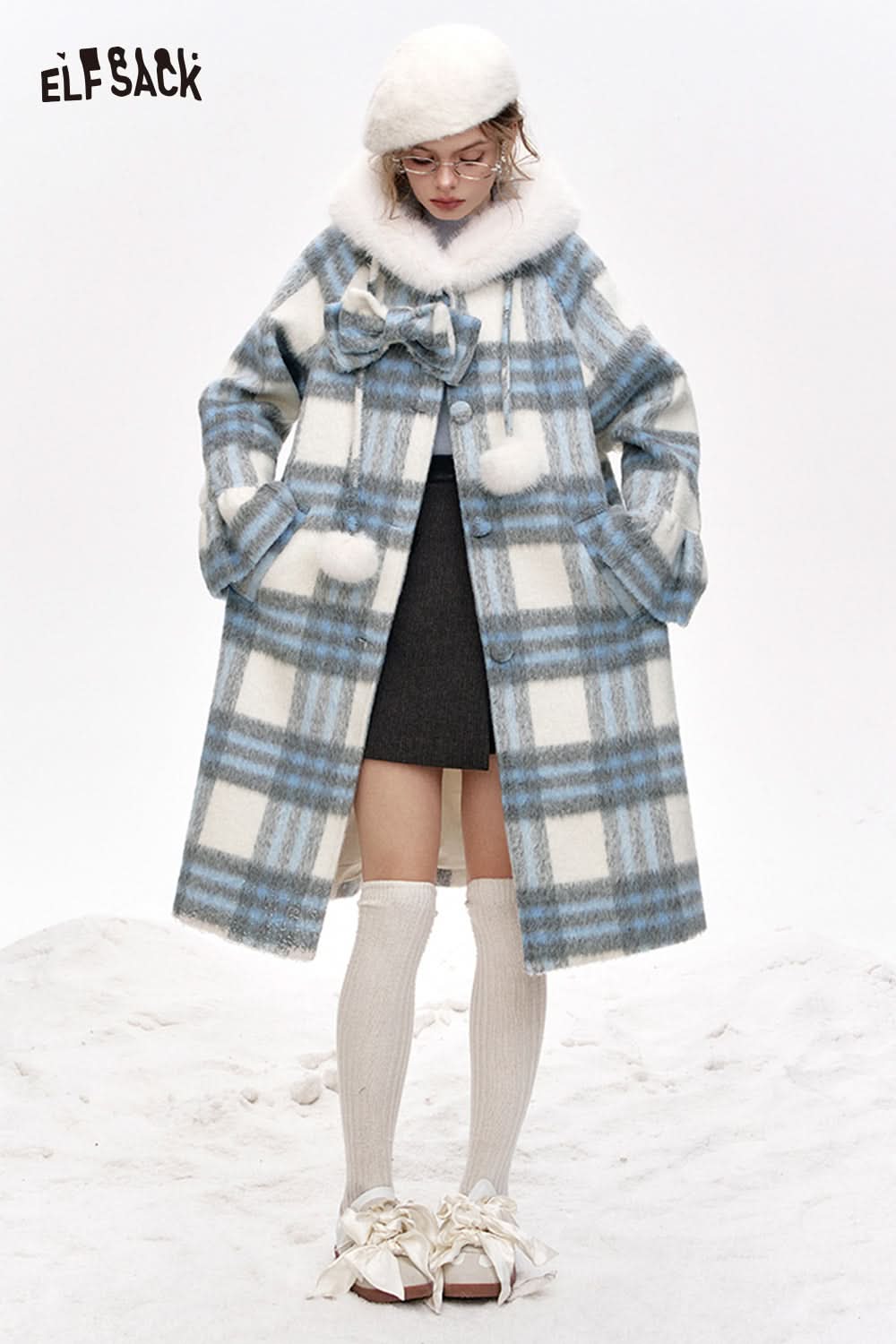 ELFSACK Blue and white plaid hooded long thick coat