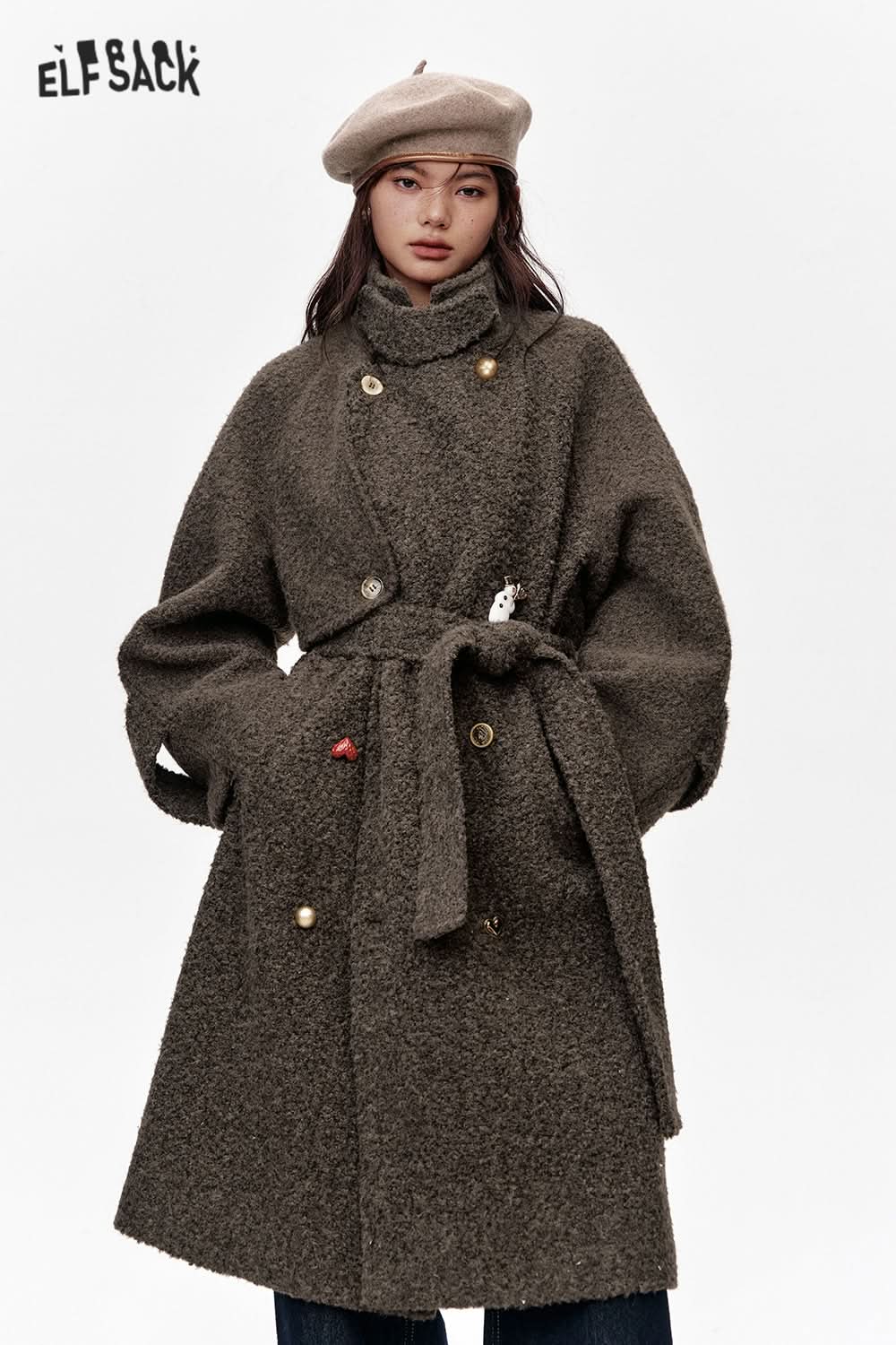 ELFSACK Long Thick Coat with Belt and Raglan Sleeves